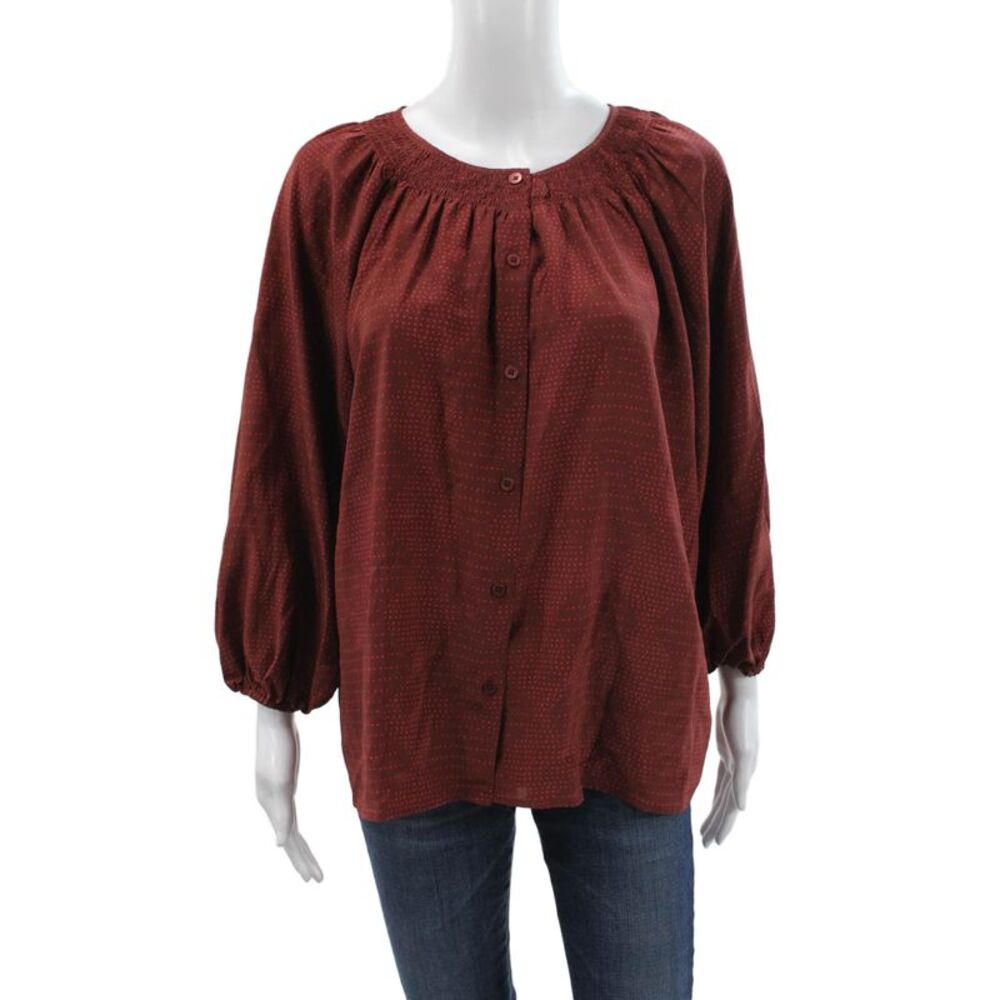 Tucker Women Tunic Blouse Red Silk Polka Dot Long Sleeve Round Neck Size M